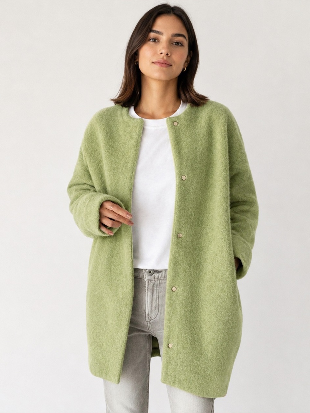 Women's Aiyishangfushi Sage Green Fuzzy Wool Blend Collarless Long Coat Jacket